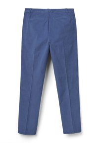 Blå bomullbyxor med rak bendesign, som har två bakfickor och en ren finish vid fållen. Inga synliga detaljer.