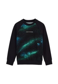 Felpa nera con maniche raglan lunghe, con una stampa galattica colorata in verde e blu sul davanti. La scritta dice "ESPLORA L'UNIVERSO."