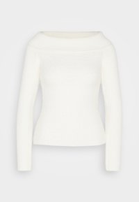 Balta off-the-shoulder megztinis su ilgomis rankovėmis, su raukšlėtu tekstūru ir prigludusia siluetu. Minkšta, jauki medžiaga be matomų raštų ar akcentų.