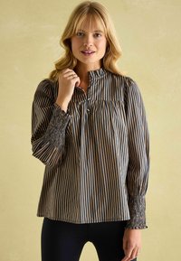 Long-sleeve blouse with blue and beige vertical stripes, high neckline, button detail, and smocked cuffs. Lightweight fabric with a relaxed fit.