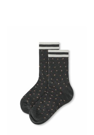 Chaussettes courtes gris foncé avec petit motif floral rose et bordures côtelées blanches avec deux bandes noires.