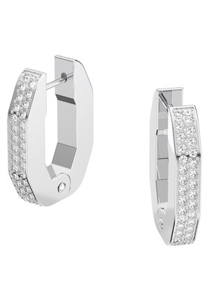 Orecchini a cerchio in argento con un design geometrico che presenta una fila di piccoli cristalli trasparenti lungo un lato e una chiusura sicura.