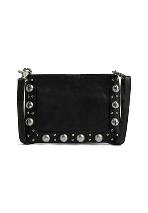 Black leather clutch bag with a textured surface, featuring metallic studs and a detachable strap. Zipper closure and contrasting accents.
