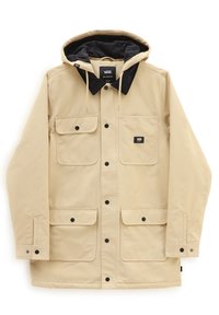 Beige vízálló parka dzseki fekete kordbársony gallérral, több elülső zsebbel, állítható kapucnival és patentos záródással.