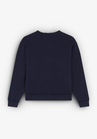 Navyblauwe sweatshirt met een ronde hals, lange mouwen en een rafelige zoom. Gemaakt van zachte stof, heeft het een eenvoudig, onopgesmukt ontwerp.