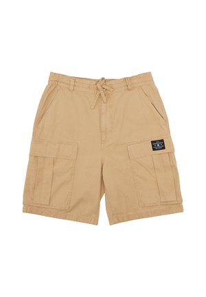 Khaki cargo šortky s pásom na stiahnutie, dvoma bočnými vreckami a dvoma veľkými prednými vreckami. Textúrovaná bavlnená látka, voľný strih.