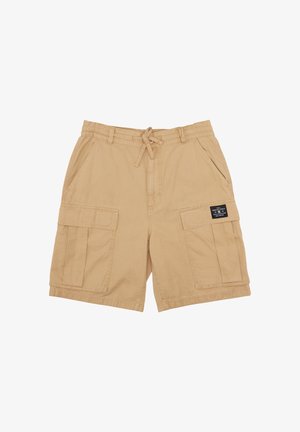 Khakifarbene Cargo-Shorts mit einem Kordelzugbund, zwei seitlichen Taschen und zwei großen Fronttaschen. Strukturierter Baumwollstoff, lockere Passform.