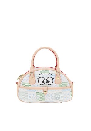 Petit sac à main avec des anses beiges, motif coloré, grands yeux de dessin animé à l'avant et texte blanc « EYE THEME » dans la partie inférieure.