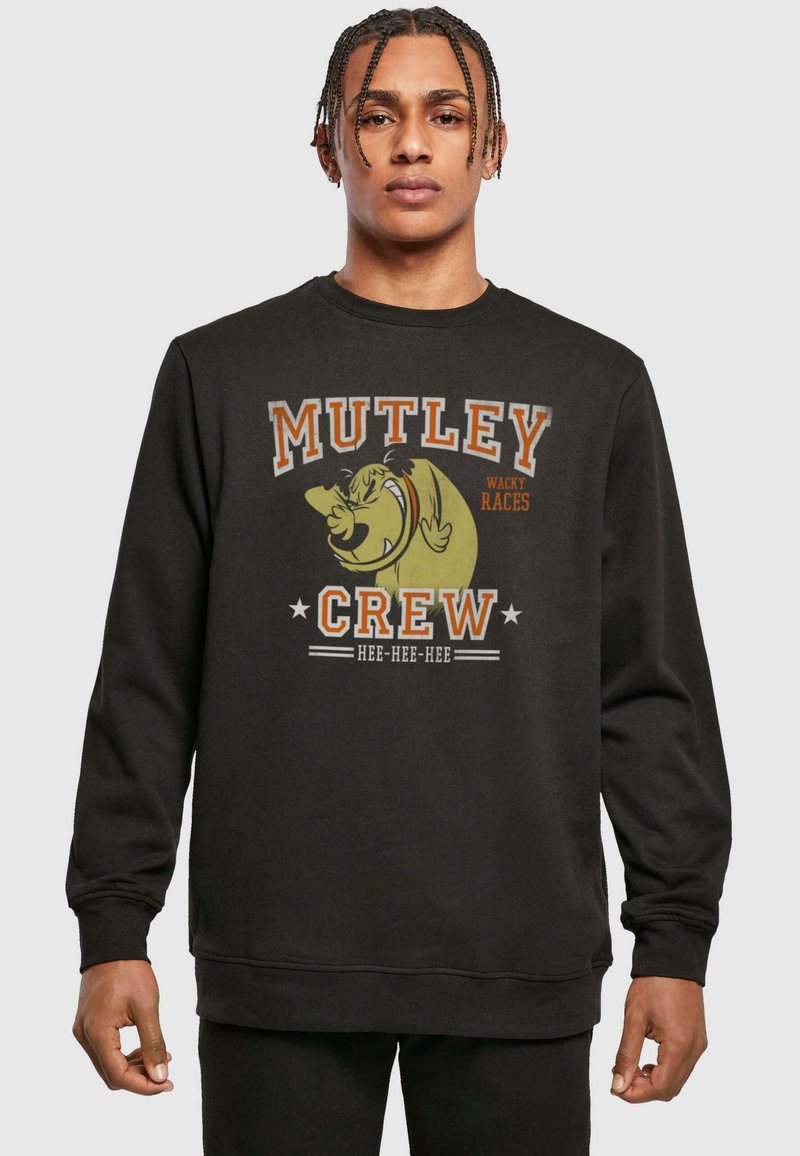 Felpa nera con una grafica a cartone di Mutley e il testo "MUTLEY CREW WACKY RACES HEE-HEE-HEE" in arancione e bianco, con polsini a coste.