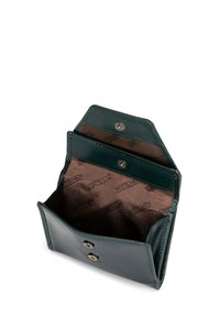 Green leather wallet with a smooth texture and snap closures. Features a brown interior lined with repeated branding. Compact and triangular shape.