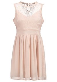 Robe sans manches rose clair avec empiècement en dentelle, bords festonnés, taille cintrée et jupe plissée, avec une fermeture à boutons au dos.