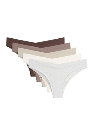 Cinci lenjerii de damă fără cusături, stil bikini, în nuanțe de maro, bej, crem și gri deschis, suprapuse în strat.