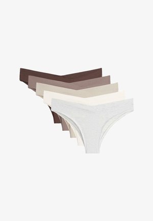 Cinci lenjerii de damă fără cusături, stil bikini, în nuanțe de maro, bej, crem și gri deschis, suprapuse în strat.