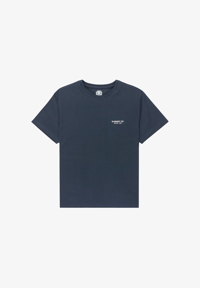 Granatowa koszulka z krótkim rękawem z napisem "ELEMENT CO. SINCE 1992" w kolorze białym na lewej części klatki piersiowej.