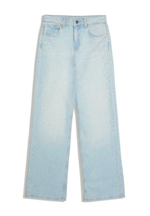 Lyseblå jeans med vide ben og høj talje, forrest med knap og lynlås, fem lommer og subtile rhinstenudsmykninger langs siderne.
