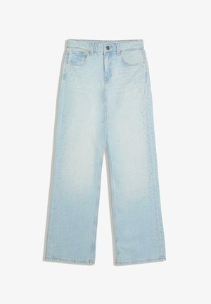 Lyseblå jeans med vide ben og høj talje, forrest med knap og lynlås, fem lommer og subtile rhinstenudsmykninger langs siderne.