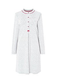 Vestido blanco de manga larga con pequeño estampado floral, cierre frontal de botones, pliegues y acentos rojos alrededor del cuello y los botones. Textura de tela suave.