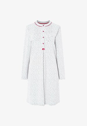 Vestido blanco de manga larga con pequeño estampado floral, cierre frontal de botones, pliegues y acentos rojos alrededor del cuello y los botones. Textura de tela suave.