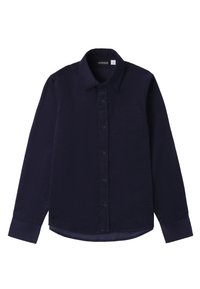 Camicia a maniche lunghe blu navy realizzata in tessuto tessuto. Presenta un colletto con bottoni, una tasca anteriore e una chiusura a bottoni sul davanti.