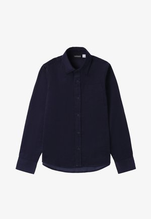 Marineblauwe shirt met lange mouwen van geweven stof. Kenmerken zijn een button-down kraag, een borstzak en een knoopsluiting aan de voorkant.