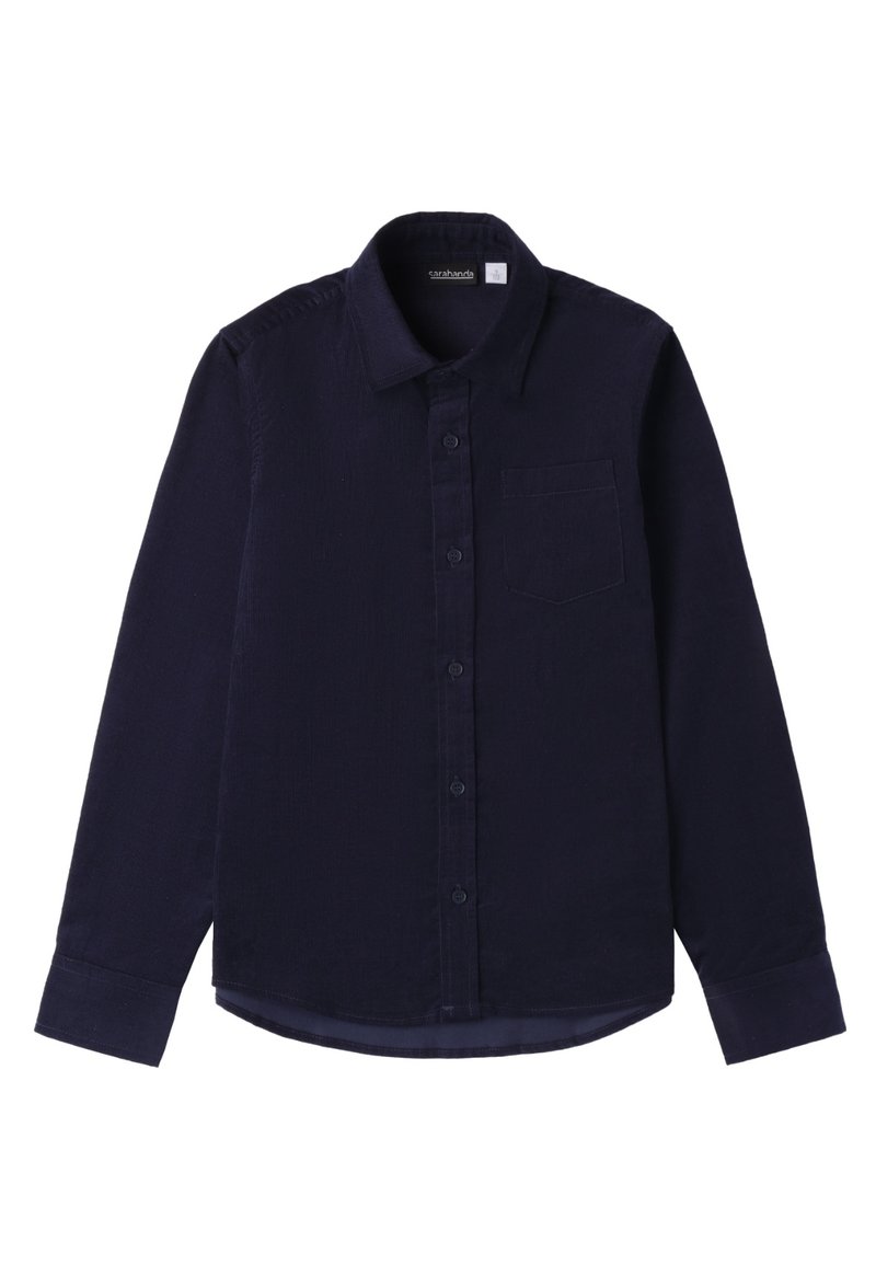 Camicia a maniche lunghe blu navy realizzata in tessuto tessuto. Presenta un colletto con bottoni, una tasca anteriore e una chiusura a bottoni sul davanti.