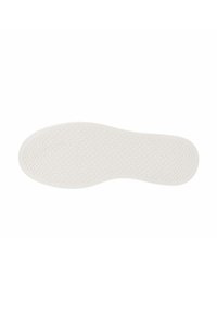 Witte rubberen zool met een gestructureerd oppervlak, voorzien van een diamantpatroon en zigzagprofielen voor grip. Glad afgewerkte randen en flexibele vorm.