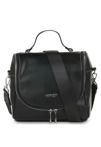 Bolso cruzado de piel negra con correa ajustable, cremalleras en tono plateado y tapa frontal. Presenta la marca JASLEN en la parte inferior del frente.