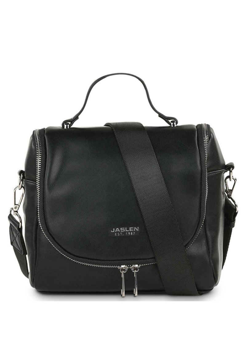 Bolso cruzado de piel negra con correa ajustable, cremalleras en tono plateado y tapa frontal. Presenta la marca JASLEN en la parte inferior del frente.