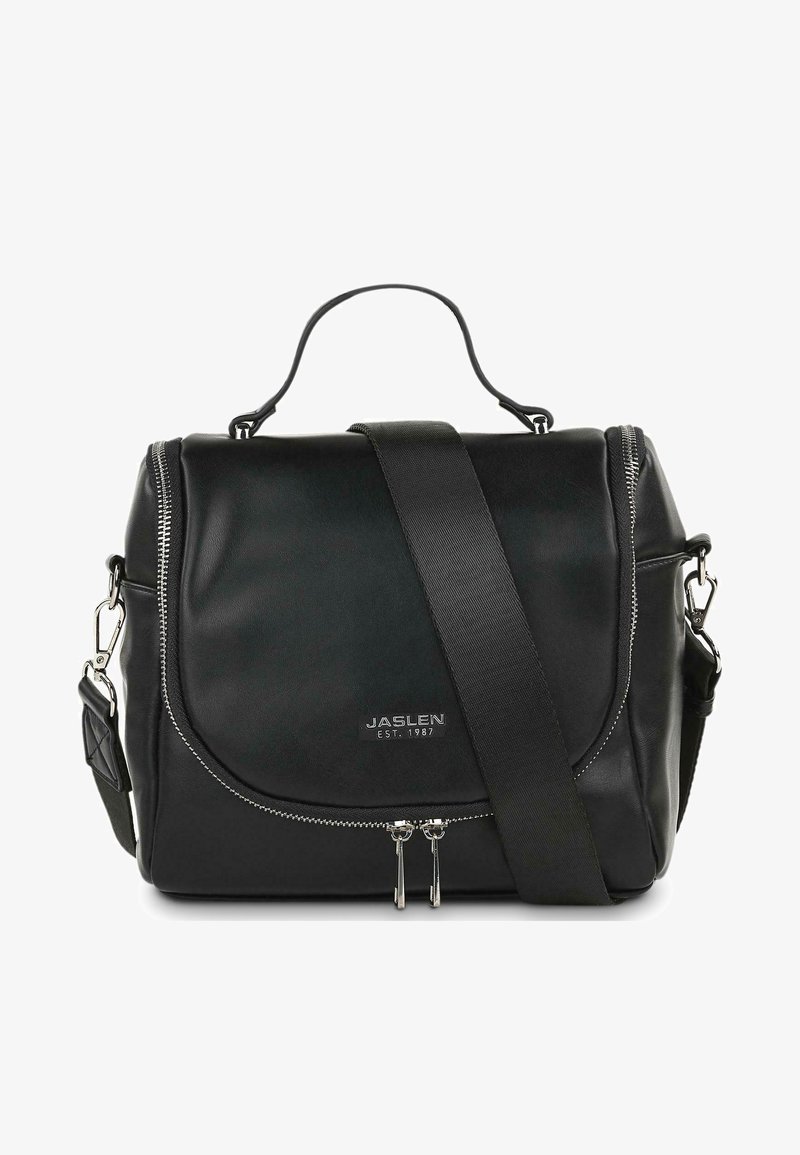 Bolso cruzado de piel negra con correa ajustable, cremalleras en tono plateado y tapa frontal. Presenta la marca JASLEN en la parte inferior del frente.