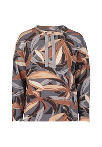 Long-sleeve sweatshirt with a floral pattern in gray, brown, and cream. Features a round neckline and drawstring hood. Textured fabric.