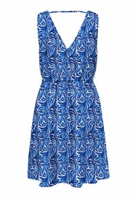 Vestido azul con un patrón de hojas en espiral, escote en V y tirantes estrechos. Tejido ligero con un corte relajado y dobladillo acampanado.