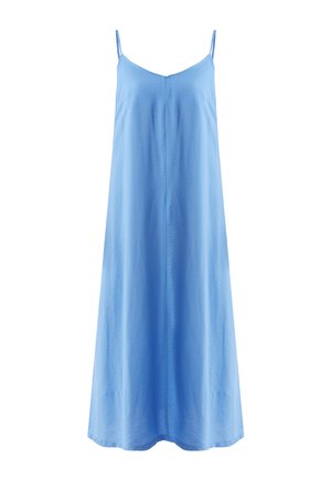 Lichtblauwe mouwloze jurk met een V-hals, vloeiend ontwerp en zachte textuur. Het kledingstuk heeft dunne bandjes en een losse pasvorm.