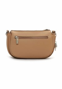 Hellbraune Leder-Umhängetasche mit Reißverschluss, flachem Design und Fronttasche. Verfügt über silberne Beschläge und eine glatte Textur.