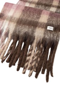 Écharpe en laine dans un doux motif vichy rose pâle, beige et marron, avec des bords frangés. Présente une petite étiquette de marque sur un côté.