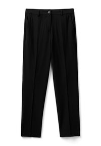 Zwarte broek gemaakt van gladde stof, met een recht model, voorzakken en een knoopsluiting met een subtiele logodetail.