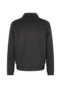 Graue Wolljacke mit klassischem Kragen, ausgestattet mit einer subtilen Textur, elastischen Bündchen und einem gerafften Saum für eine maßgeschneiderte Passform.