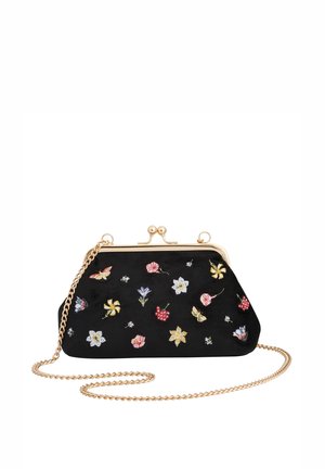Black suede clutch bag with gold-tone metal frame, chain strap, and colorful floral and butterfly embroidery detailed across the surface.