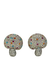 Färgglada svampformade örhängen prydda med många färgade rhinestones, med en bas i silverfärgad metall och en texturerad yta.