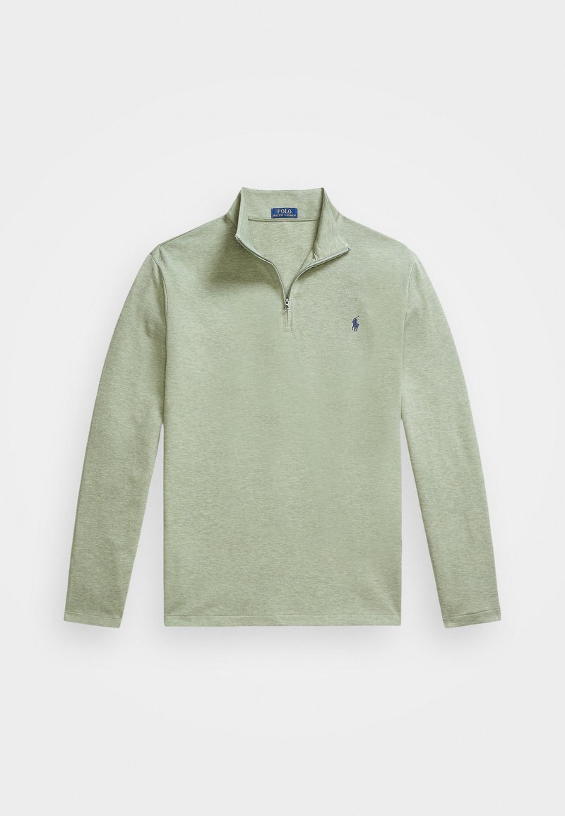 Light green long-sleeve polo sweater with a zip collar, soft texture, and a navy embroidered logo on the left chest.