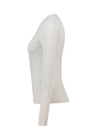 Chemise à manches longues gris clair avec un design ajusté, texture côtelée, encolure ronde et ourlet droit. Tissu doux avec un étirement minimal.