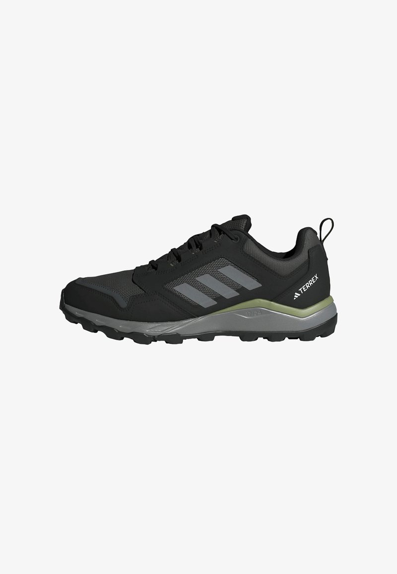 Schwarzer und grauer Adidas Terrex Trailrunning-Schuh mit Schnürverschluss und robustem Profil für den Außeneinsatz.