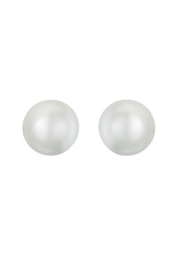 Orecchini a perla rotonda e bianca con una superficie liscia e lucida. Ogni perla presenta una leggera lucentezza e una forma uniforme, adatta per occasioni formali.