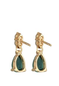 Boucles d'oreilles en métal doré mettant en valeur une pierre précieuse verte taillée en goutte d'eau, dans un cadre décoratif. Le design inclut un fermoir et un support sécurisé.