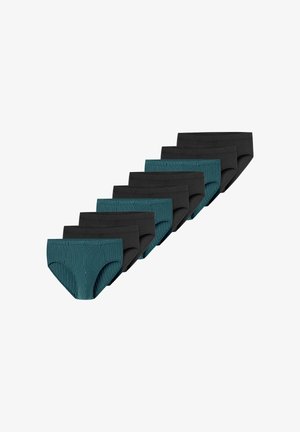 Pakke med otte underbukser i brief-stil i sort og teal med en ribbet tekstur. De teal-farvede par har vertikale striber, mens de sorte par er ensfarvede.
