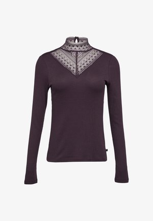 Langärmliges Oberteil in Dunkellila mit hohem Kragen, das mit Spitzenverzierungen am Kragen und einer gerippten Textur ausgestattet ist.