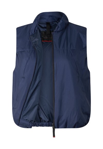 Marineblå ærmeløs vest med frontlynlås, stående krave og elastisk taljebånd, vist delvist åbnet.