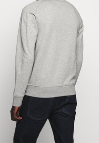 Gray sweatshirt with a round neckline and ribbed cuffs, made from soft fabric. Features a casual fit and a simple, unadorned design.