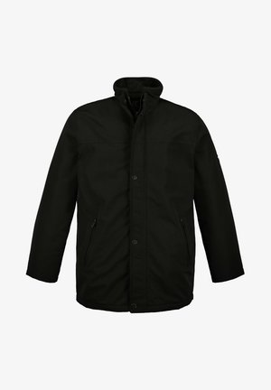 Schwarze Jacke mit hohem Kragen, Knopf- und Reißverschlussverschluss, zwei seitlichen Taschen und einem glatten, strukturierten Stoff. Klassische, gerade Silhouette.