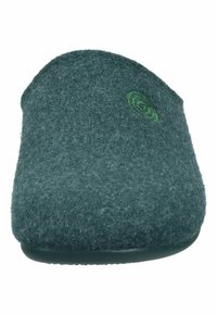 Green felt slipper with a rounded toe, textured surface, and an embroidered spiral logo in a lighter green on the upper side. Soft sole.