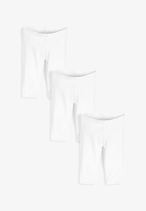 Drei Paar weiße Baumwollleggings, knöchellang mit einem glatten Bund und einem eleganten, schlichten Design, das eine weiche, gleichmäßige Textur zeigt.